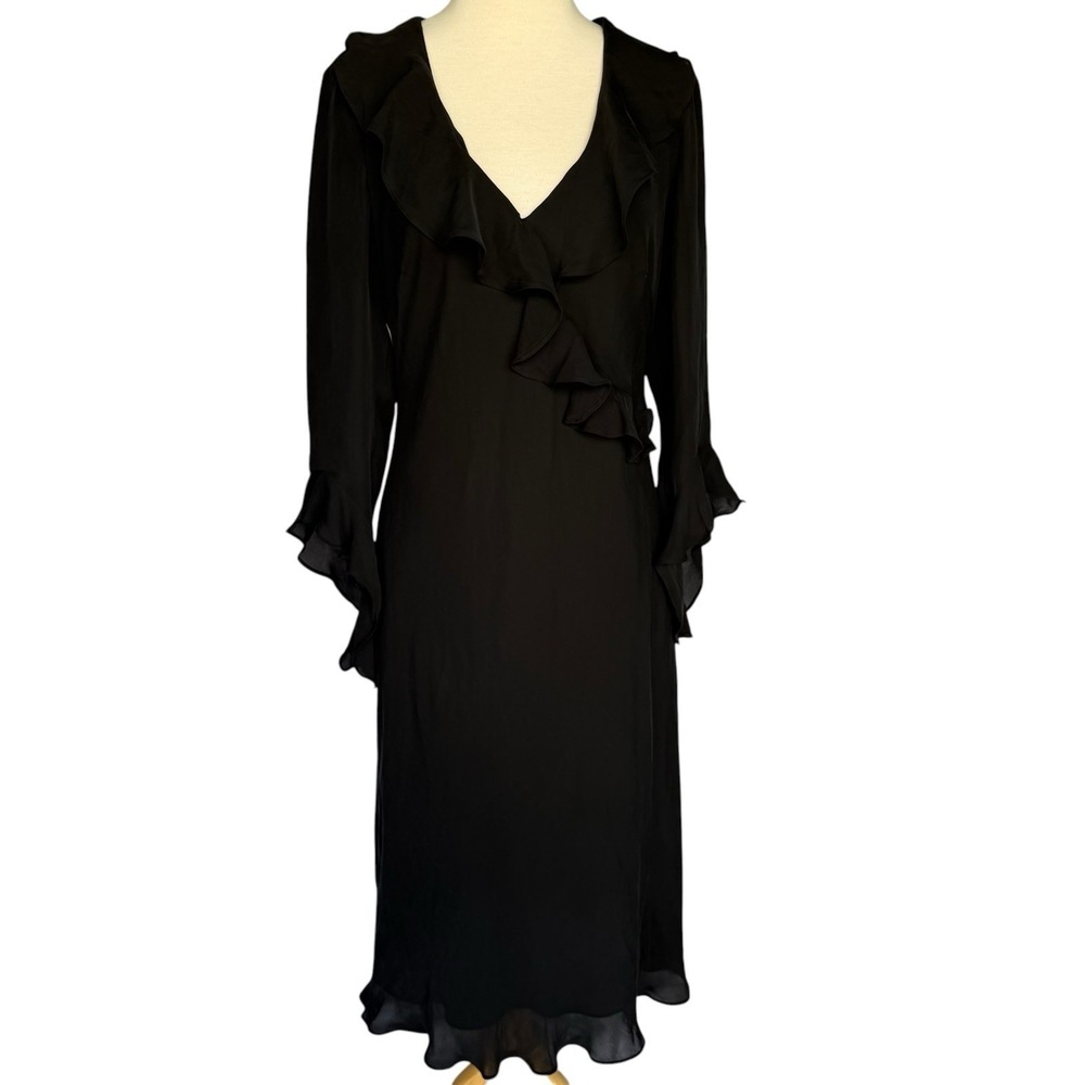 Lauren Ralph Lauren Black Silk Ruffle Midi Dress Long Sleeve Cocktail Party Sz 8